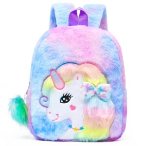 hiccupfish cboalogr cute plush unicorn toddler mini travel bag princess plush backpack for girls 3-6 years (purple unicorn bowknot)