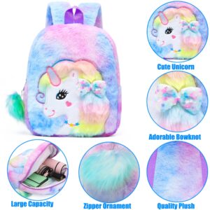 HICCUPfish CBOALOGR Cute Plush Unicorn Toddler Mini Travel Bag Princess Plush Backpack for Girls 3-6 years (Purple Unicorn Bowknot)