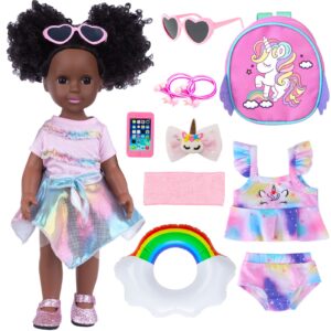 UZIDBTO Black Dolls and Black Baby Doll Accessories - 14.5 Inch Silicone African Baby Doll with Clothes Unicorn Theme Doll Swimsuits Best Gift for Girls Kids