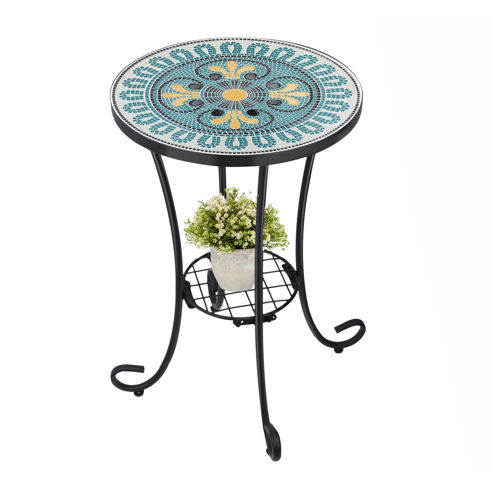 VCUTEKA Outdoor Side Table Mosaic Patio Table Accent Table Mosaic Tile Top Metal Frame Small End Table Porch Beach Patio Garden Balcony Green 14''