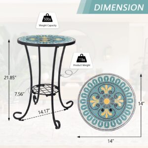 VCUTEKA Outdoor Side Table Mosaic Patio Table Accent Table Mosaic Tile Top Metal Frame Small End Table Porch Beach Patio Garden Balcony Green 14''