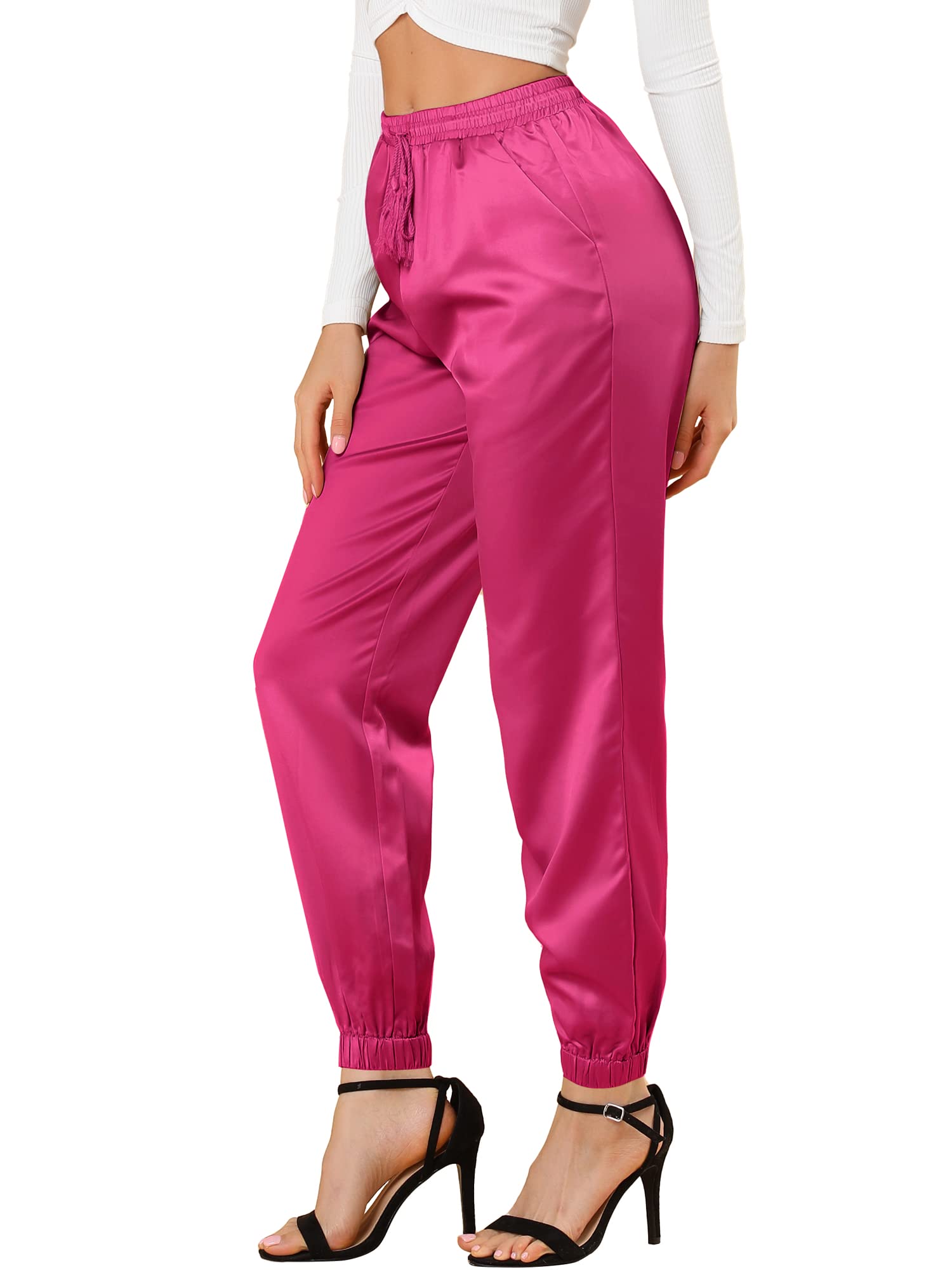 Allegra K Women's Drawstring Elastic Waist Athleisure Pants Ankle Length Satin Joggers with Pocket Large Hot Pink