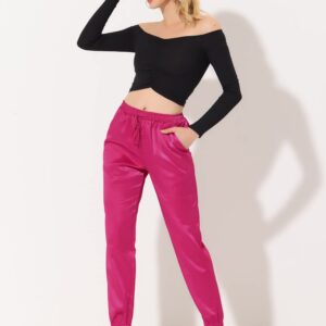 Allegra K Women's Drawstring Elastic Waist Athleisure Pants Ankle Length Satin Joggers with Pocket Large Hot Pink