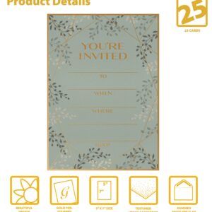 Better Office Products 25 Pack Party Invitations with Envelopes, Cardstock with Metallic Gold Foil Lettering, Bulk Set, 5x7 Inch, Fill in the Blank Notecards, for Weddings, Showers & All Occasions