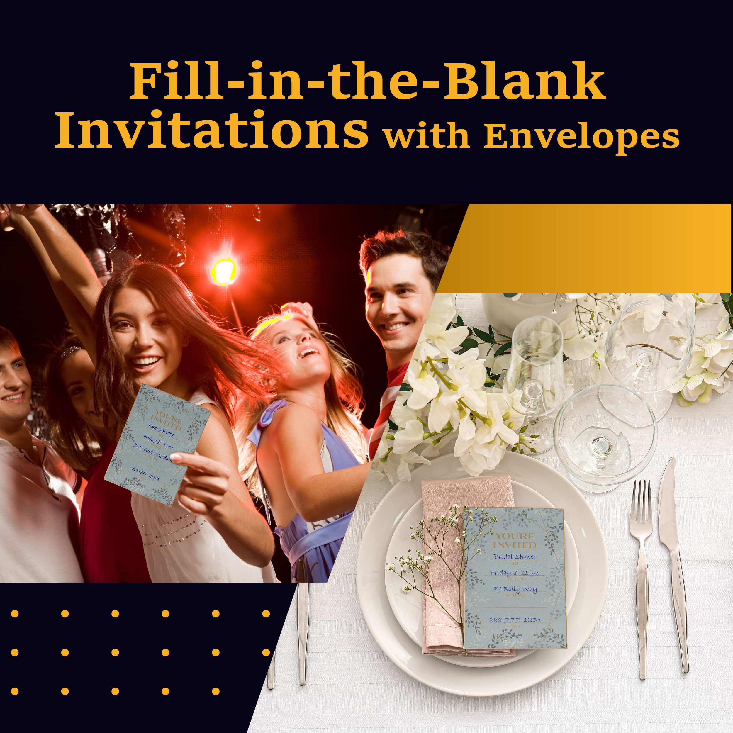 Better Office Products 25 Pack Party Invitations with Envelopes, Cardstock with Metallic Gold Foil Lettering, Bulk Set, 5x7 Inch, Fill in the Blank Notecards, for Weddings, Showers & All Occasions