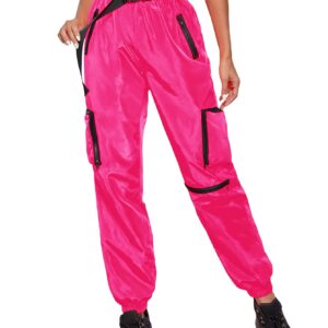 MakeMeChic Women's Casual Plain Mid Waist Utility Cargo Pants Jogger Pants with Belt Hot Pink XL