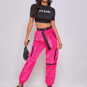 MakeMeChic Women's Casual Plain Mid Waist Utility Cargo Pants Jogger Pants with Belt Hot Pink XL