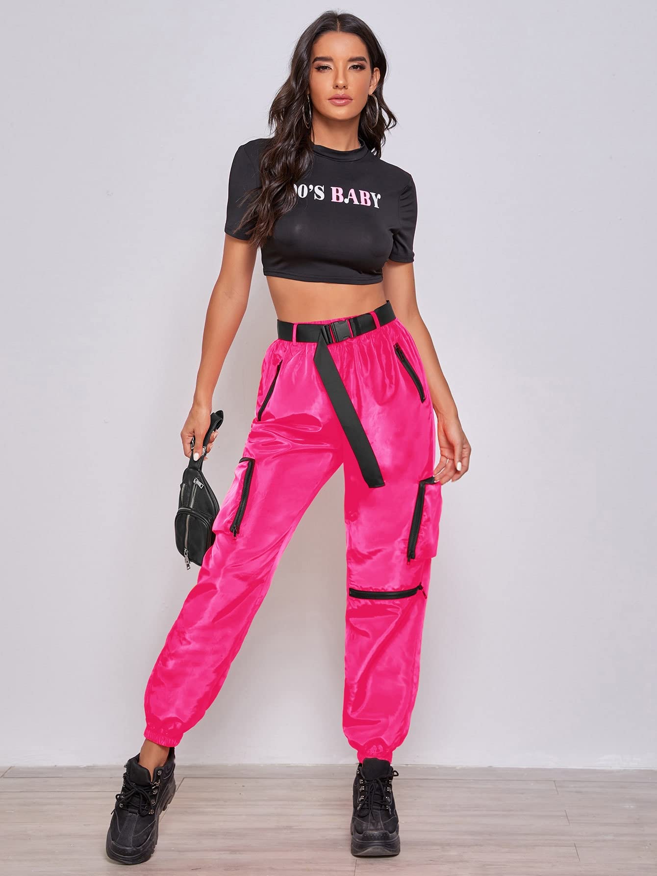 MakeMeChic Women's Casual Plain Mid Waist Utility Cargo Pants Jogger Pants with Belt Hot Pink XL