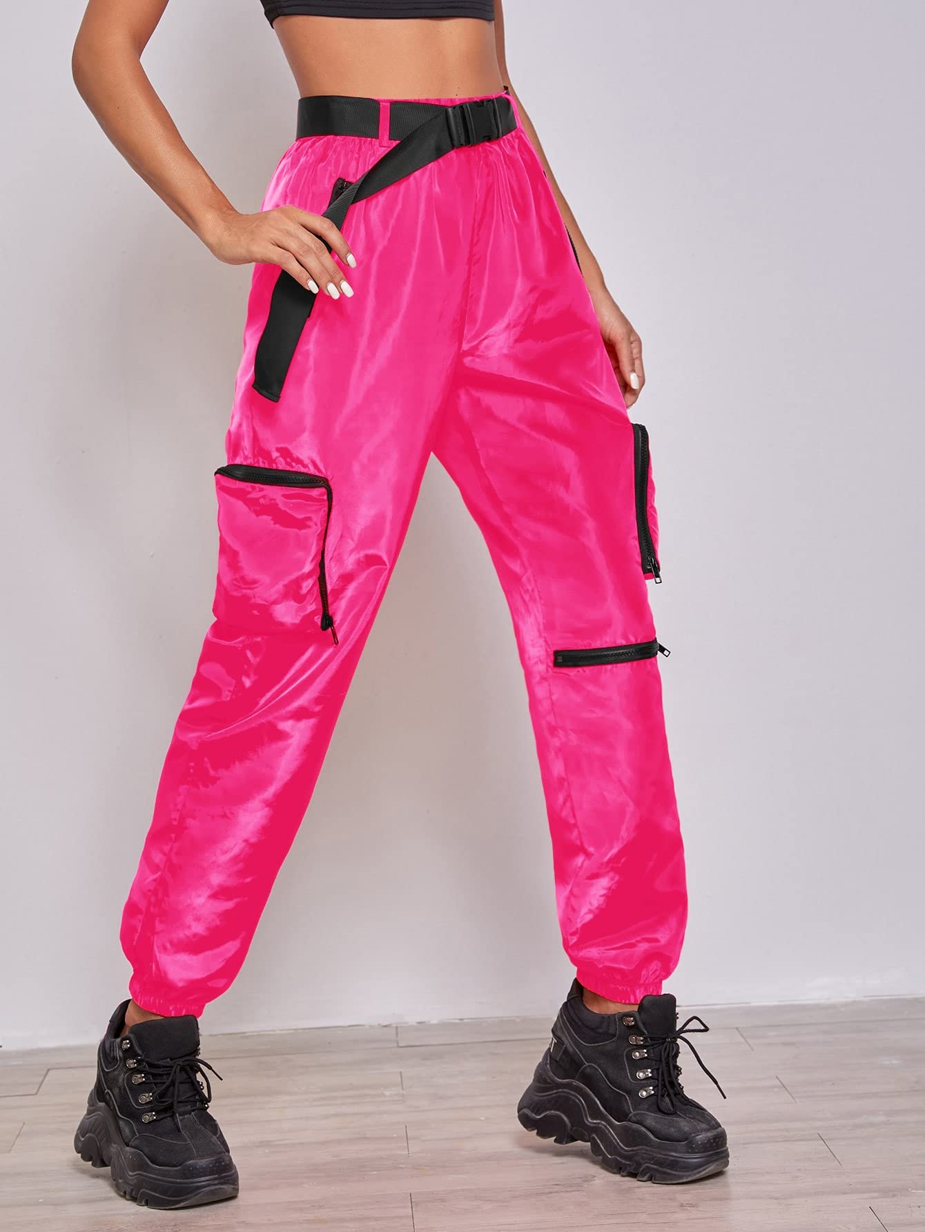 MakeMeChic Women's Casual Plain Mid Waist Utility Cargo Pants Jogger Pants with Belt Hot Pink XL