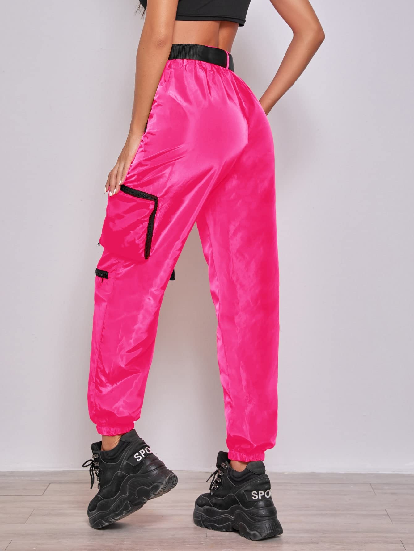 MakeMeChic Women's Casual Plain Mid Waist Utility Cargo Pants Jogger Pants with Belt Hot Pink XL