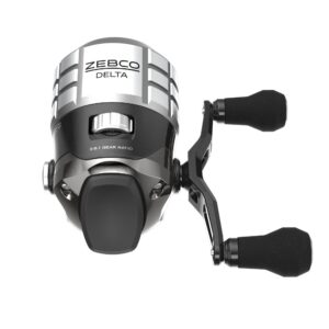 zebco delta spincast fishing reel, size 30 reel, changeable right- or left-hand retrieve, dual ceramic pick-up pins, pre-spooled with 10-pound fishing line, braid ready, cool gray