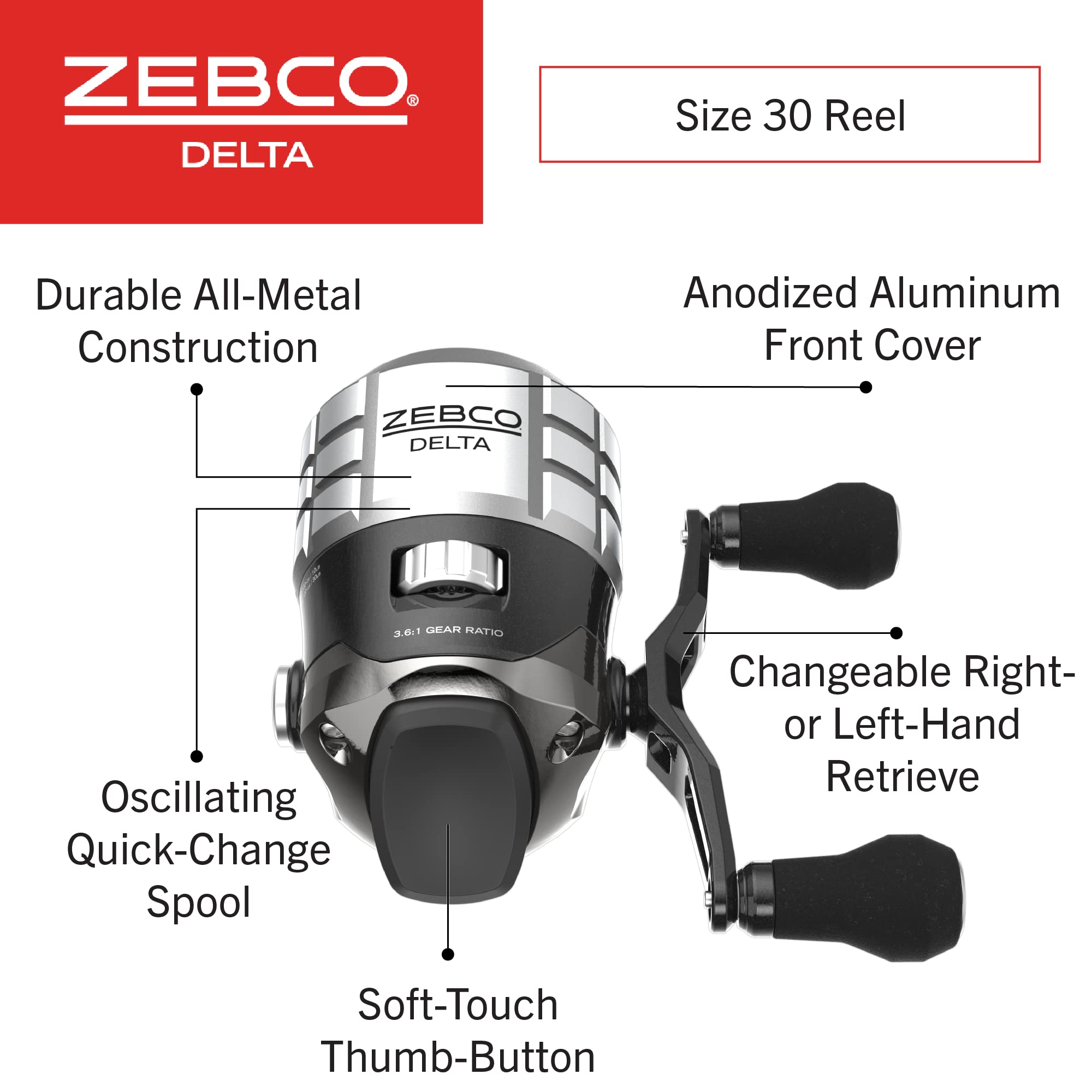 Zebco Delta Spincast Fishing Reel, Size 30 Reel, Changeable Right- or Left-Hand Retrieve, Dual Ceramic Pick-Up Pins, Pre-Spooled with 10-Pound Fishing Line, Braid Ready, Cool Gray