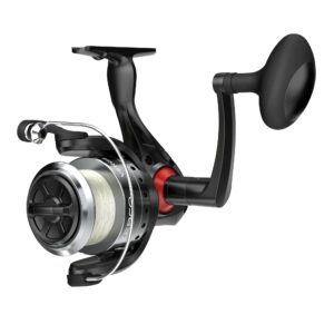 zebco verge spinning fishing reel, size 80 reel, changeable right- or left-hand retrieve, pre-spooled with 30-pound zebco fishing line, all-metal gears, tru balance rotor, black