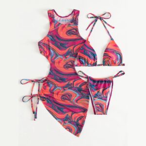 3 piece swimsuit for women Sexy Cutout Mesh High Neck Beach Cover Up, Padded Floral Print String Bikini Sets (L, Red)