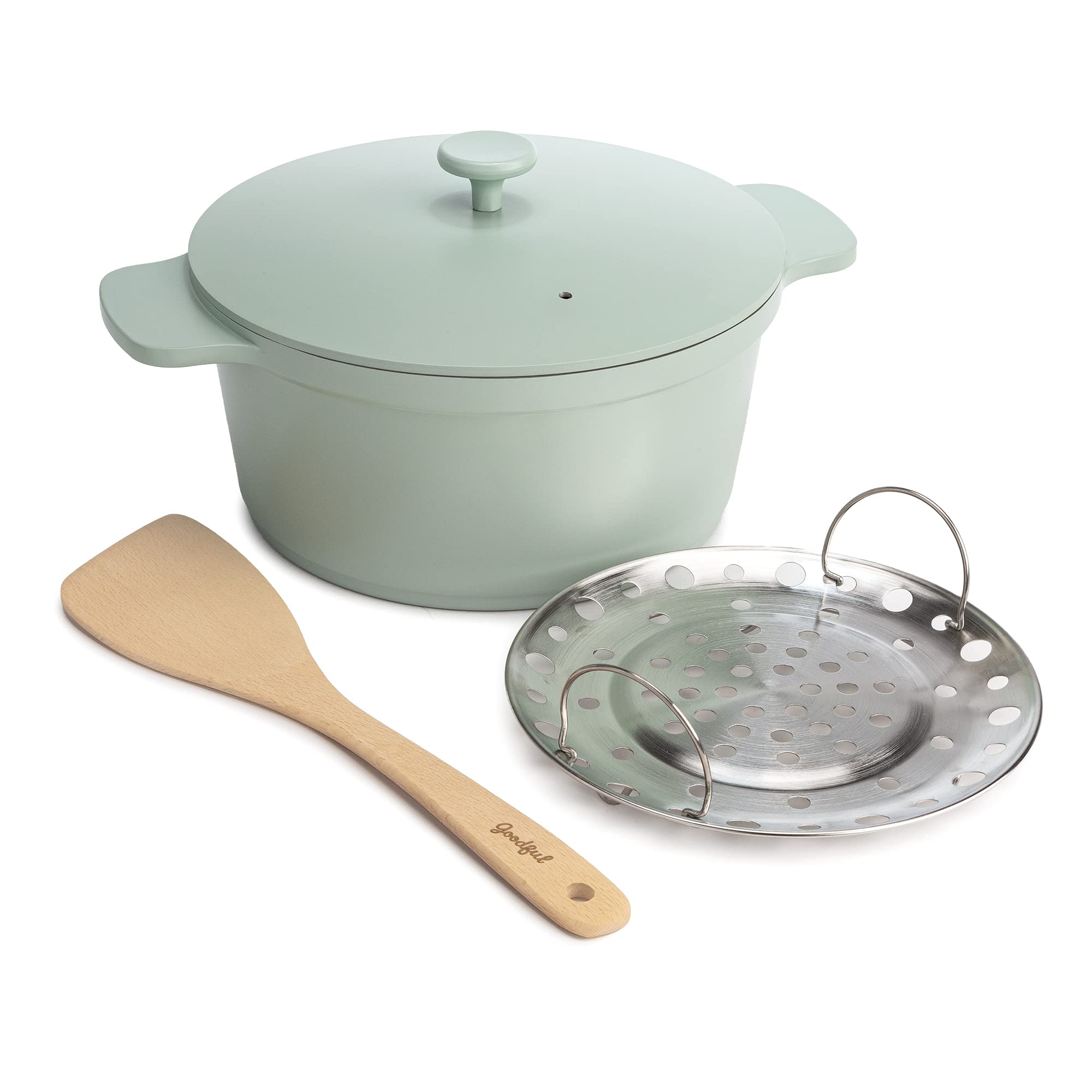 Goodful All-In-One Pot, Multilayer Nonstick, High Performance Cast Dutch Oven With Matching Lid, Roasting Rack And Turner, Made Without PFOA, Dishwasher Safe Cookware, 4.7-Quart, Sage Green