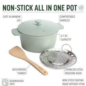 Goodful All-In-One Pot, Multilayer Nonstick, High Performance Cast Dutch Oven With Matching Lid, Roasting Rack And Turner, Made Without PFOA, Dishwasher Safe Cookware, 4.7-Quart, Sage Green