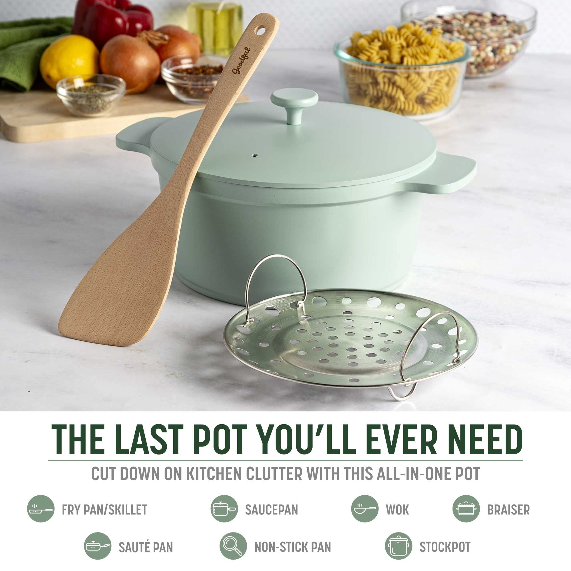 Goodful All-In-One Pot, Multilayer Nonstick, High Performance Cast Dutch Oven With Matching Lid, Roasting Rack And Turner, Made Without PFOA, Dishwasher Safe Cookware, 4.7-Quart, Sage Green