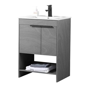 fine fixtures bathroom vanity with integrated ceramic sink - bathroom vanity with sink & modern knob design - bathroom vanities with sturdy marble top & soft closing doors (24 inch) grey