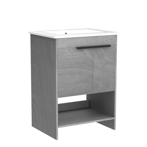 Fine Fixtures Bathroom Vanity with Integrated Ceramic Sink - Bathroom Vanity with Sink & Modern Knob Design - Bathroom Vanities with Sturdy Marble Top & Soft Closing Doors (24 Inch) Grey