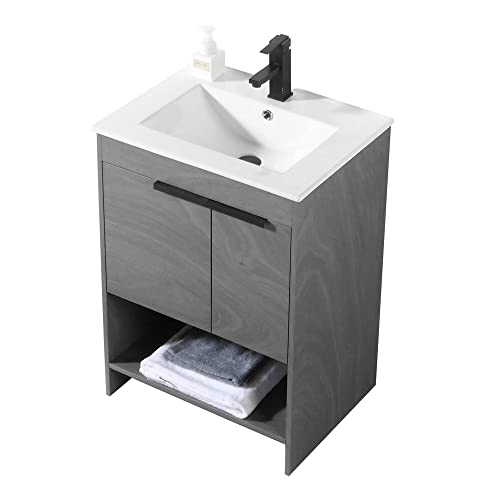 Fine Fixtures Bathroom Vanity with Integrated Ceramic Sink - Bathroom Vanity with Sink & Modern Knob Design - Bathroom Vanities with Sturdy Marble Top & Soft Closing Doors (24 Inch) Grey