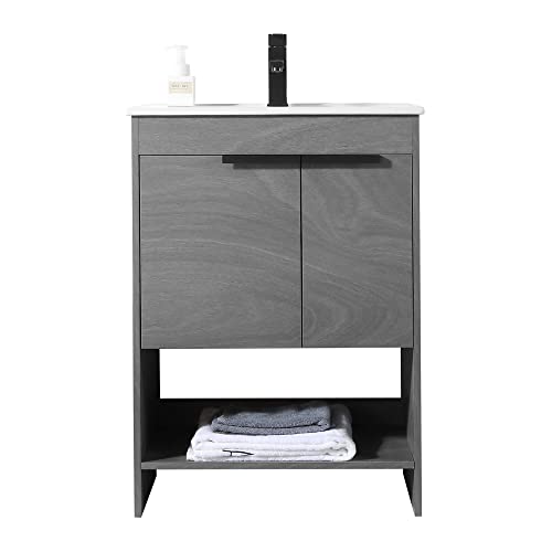 Fine Fixtures Bathroom Vanity with Integrated Ceramic Sink - Bathroom Vanity with Sink & Modern Knob Design - Bathroom Vanities with Sturdy Marble Top & Soft Closing Doors (24 Inch) Grey