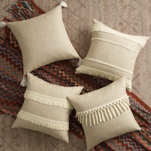 Topfinel Neutral Decorative Throw Pillow Covers 18 x 18 Set of 4,Beige Boho Pillows for Couch Sofa Bed Living Room,Rustic Burlap Linen Cushion Cover Bohemia Home Decor(Square 18 Inches/45 x 45 cm