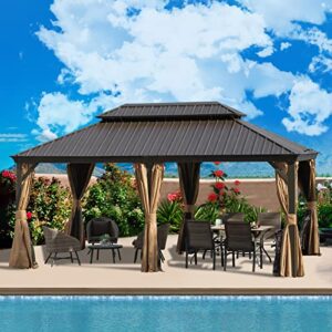 domi 12x18ft hardtop gazebo with netting & curtains, outdoor aluminum frame gazebo with galvanized steel double roof, outdoor permanent metal pavilion for patio deck lawn and garden, brown