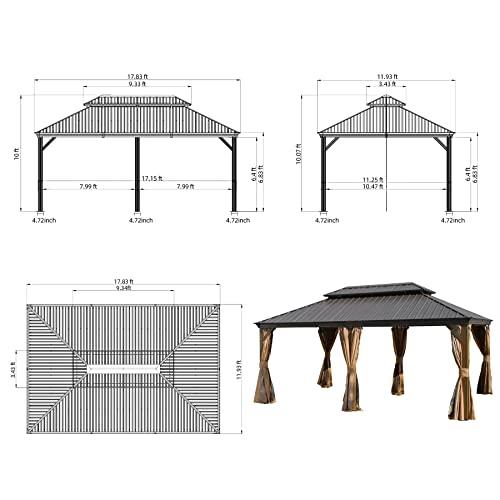 Domi 12x18FT Hardtop Gazebo with Netting & Curtains, Outdoor Aluminum Frame Gazebo with Galvanized Steel Double Roof, Outdoor Permanent Metal Pavilion for Patio Deck Lawn and Garden, Brown