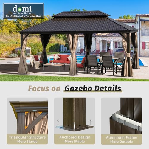 Domi 12x18FT Hardtop Gazebo with Netting & Curtains, Outdoor Aluminum Frame Gazebo with Galvanized Steel Double Roof, Outdoor Permanent Metal Pavilion for Patio Deck Lawn and Garden, Brown