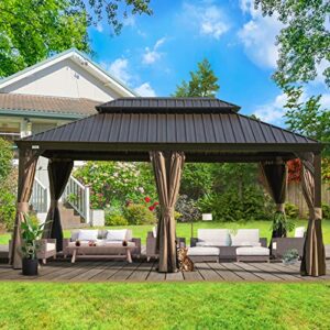 Domi 12x18FT Hardtop Gazebo with Netting & Curtains, Outdoor Aluminum Frame Gazebo with Galvanized Steel Double Roof, Outdoor Permanent Metal Pavilion for Patio Deck Lawn and Garden, Brown