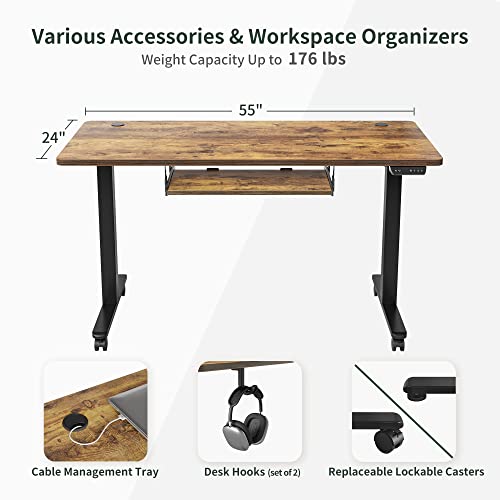 FEZIBO Standing Desk with Keyboard Tray, 55 × 24 Inches Electric Height Adjustable Desk, Sit Stand Up Desk, Computer Office Desk, Rustic Brown