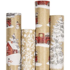 ruspepa christmas wrapping paper, kraft paper - snowflake, snowman, red truck and christmas tree - 4 rolls - 30 inches x 10 feet per roll