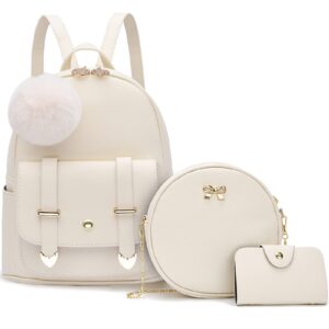 I IHAYNER Mini Leather Backpack Purse for Teen Girls 3-Pieces Fashion Backpack Cute Travel Daypacks Women Pompom Backpack Shoulder Bag Off-White