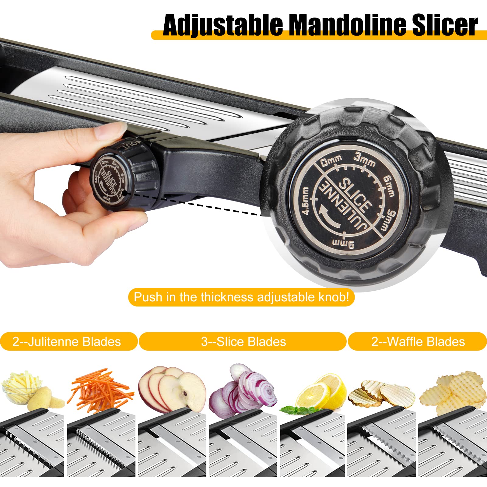 Mandoline Food Slicer for kitchen, Adjustable Stainless Steel Mandoline Vegetable slicer, Food slicer Onion Potato Chip French Fry 7 in-1 vegetable slicer