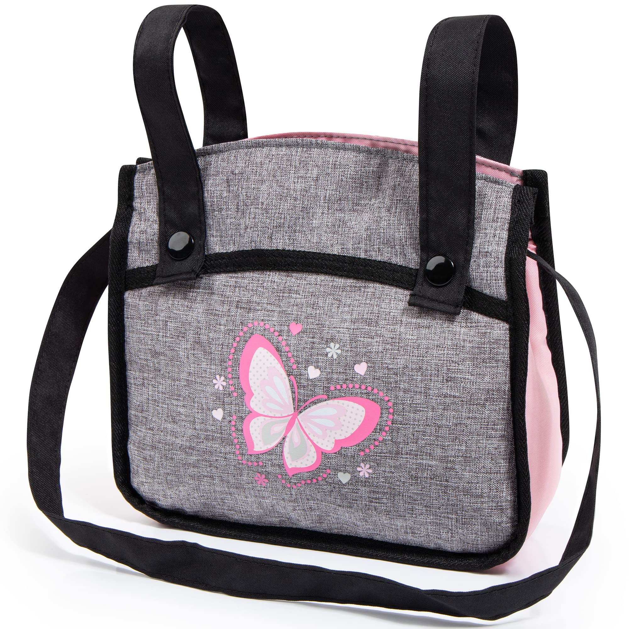 Bayer Design Dolls: Xeo Twin Pram - Butterfly Grey & Pink - Matching Handbag, Adjustable Handle, for Dolls Up to 20"