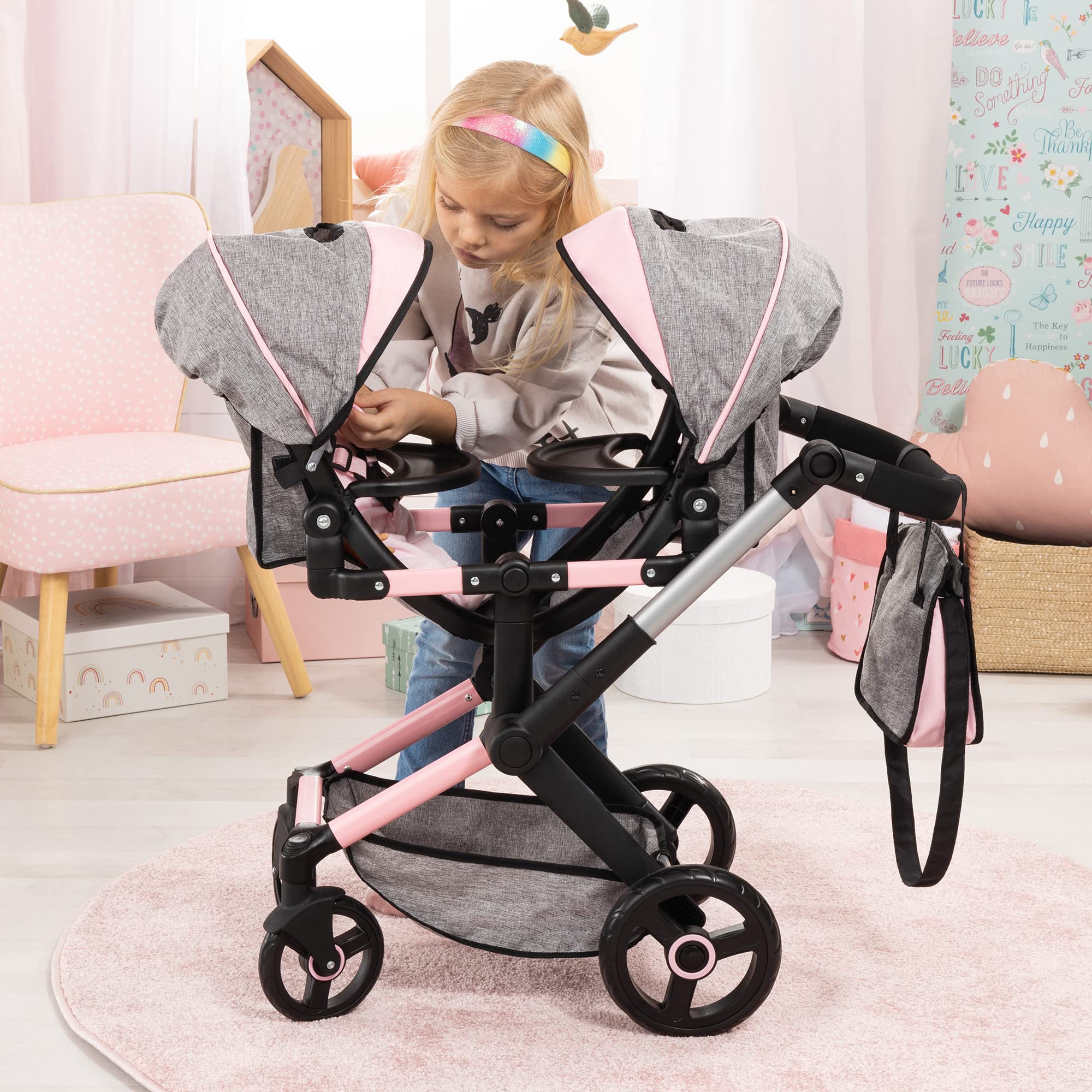 Bayer Design Dolls: Xeo Twin Pram - Butterfly Grey & Pink - Matching Handbag, Adjustable Handle, for Dolls Up to 20"