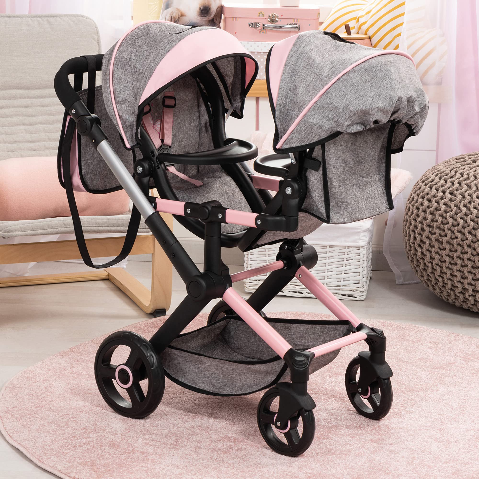 Bayer Design Dolls: Xeo Twin Pram - Butterfly Grey & Pink - Matching Handbag, Adjustable Handle, for Dolls Up to 20"