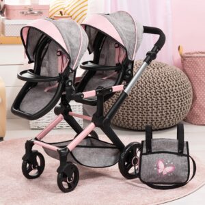 Bayer Design Dolls: Xeo Twin Pram - Butterfly Grey & Pink - Matching Handbag, Adjustable Handle, for Dolls Up to 20"