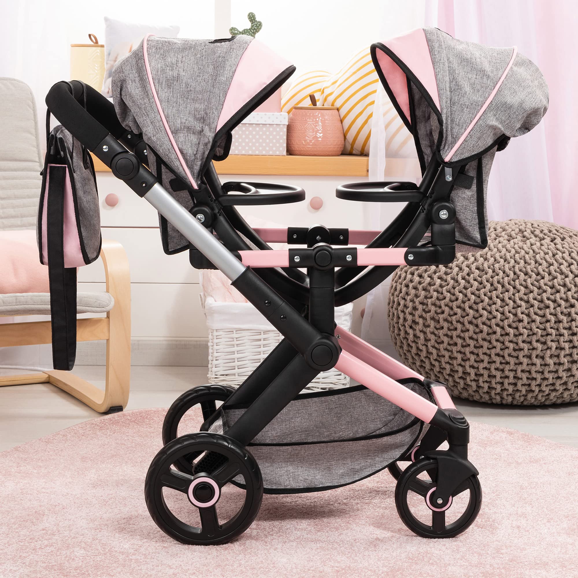 Bayer Design Dolls: Xeo Twin Pram - Butterfly Grey & Pink - Matching Handbag, Adjustable Handle, for Dolls Up to 20"