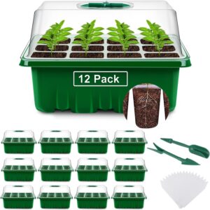 yaungel seed starting trays, 12 pack 144 cells thicken seed starter tray kit with humidity dome/clear lids durable growing trays for greenhouse & gardens, green