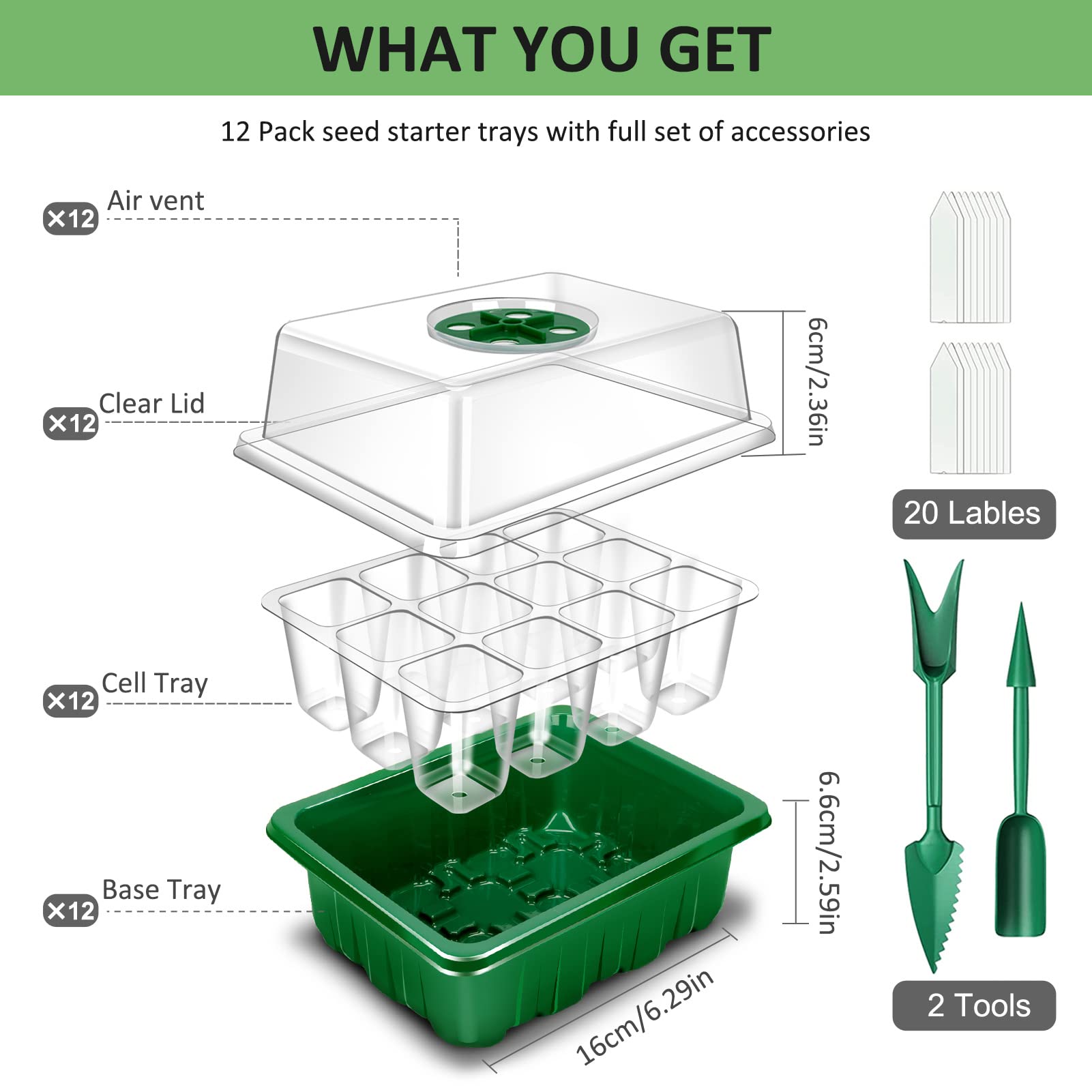 YAUNGEL Seed Starting Trays, 12 Pack 144 Cells Thicken Seed Starter Tray Kit with Humidity Dome/Clear Lids Durable Growing Trays for Greenhouse & Gardens, Green