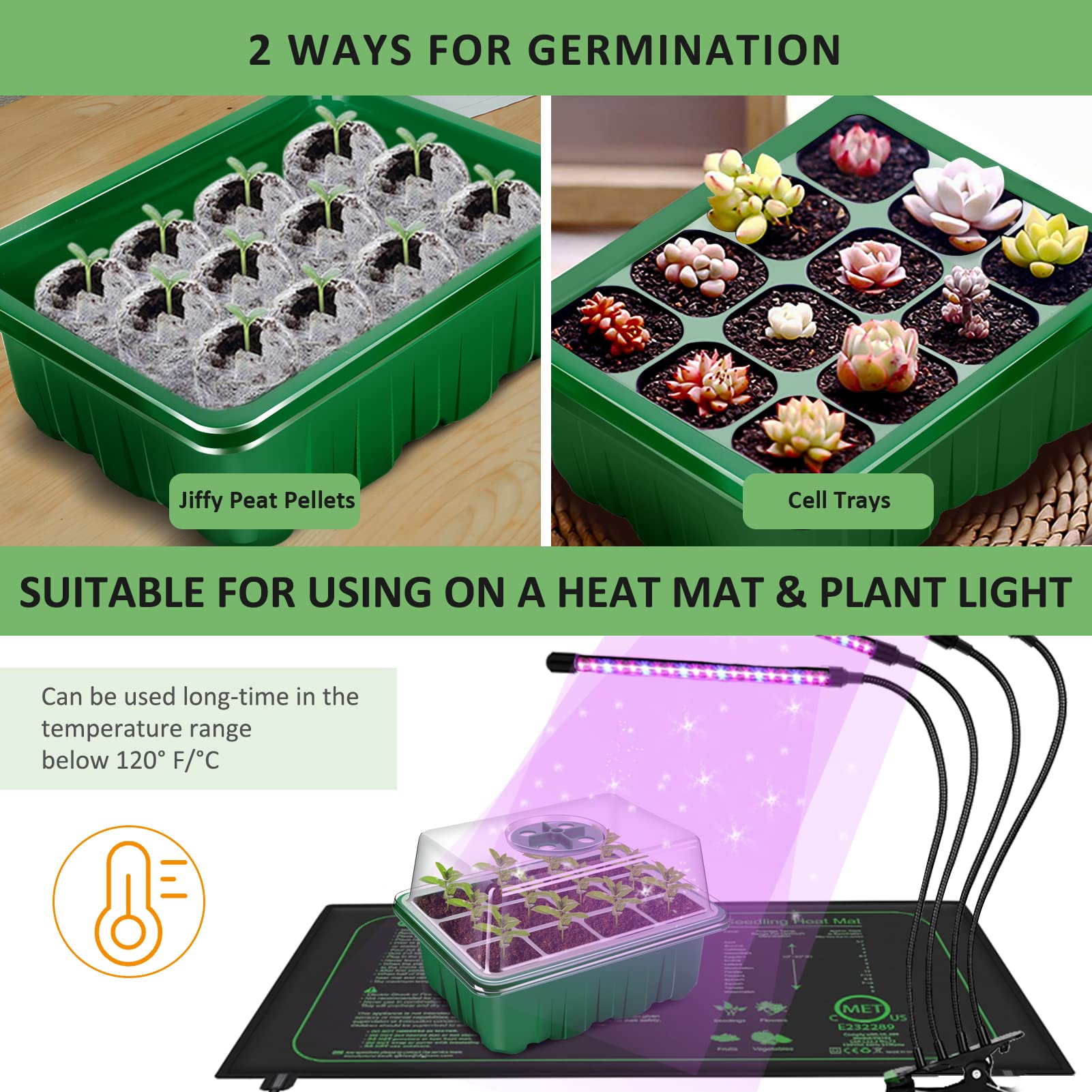 YAUNGEL Seed Starting Trays, 12 Pack 144 Cells Thicken Seed Starter Tray Kit with Humidity Dome/Clear Lids Durable Growing Trays for Greenhouse & Gardens, Green