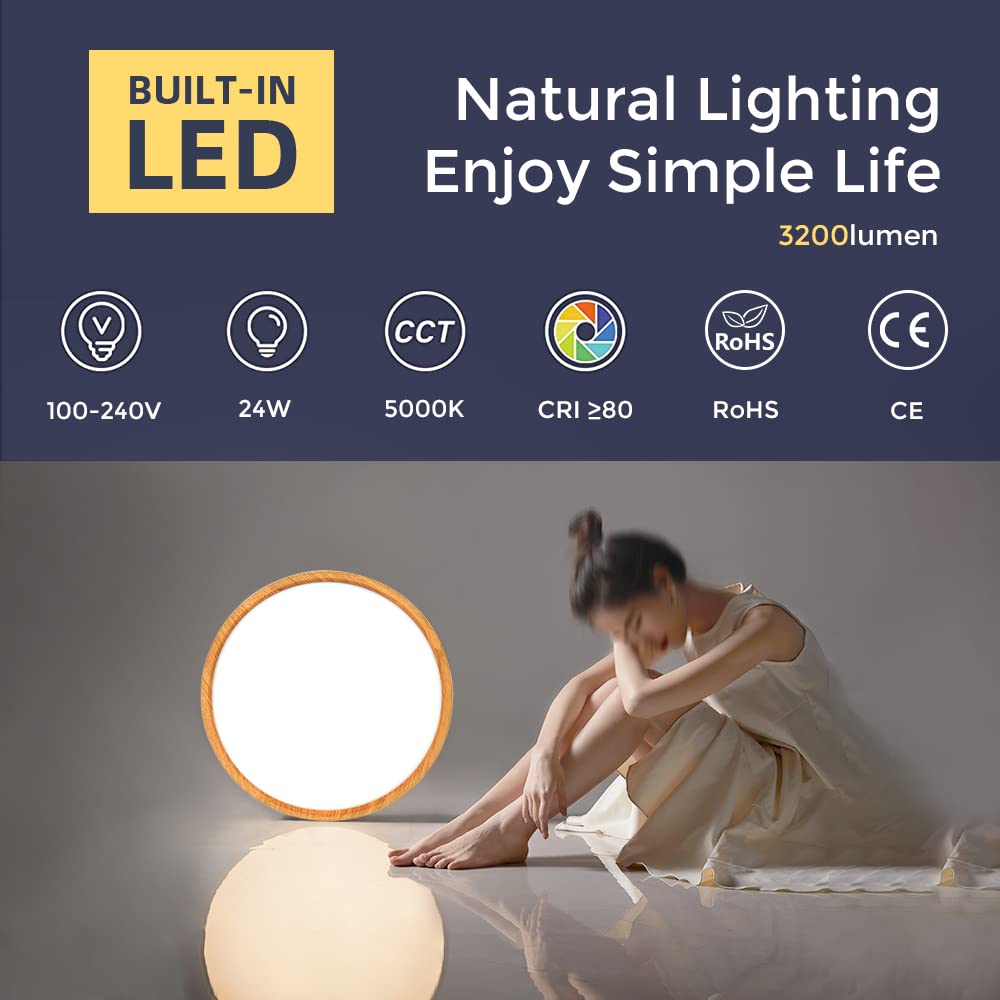 12 Inch Wood Grain LED Ceiling Light Fixture Flush Mount, ABS Mat., 5000K Daylight White, 24W Flat Modern Round Closet Lighting Fixtures, 3200LM Low Profile Circle Ceiling Lamp for Bedroom etc.