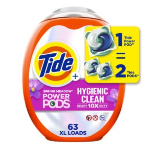 tide hygienic clean heavy 10x duty power pods laundry detergent pacs, spring meadow, 63 count, for visible and invisible dirt