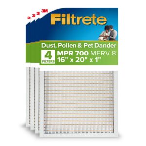 filtrete 16x20x1 ac furnace air filter, merv 8, mpr 700, tough on pollen, easy on airflow, 3-month pleated 1-inch electrostatic air cleaning filter, 4-pack (actual size 15.688 x 19.688 x 0.78 in )