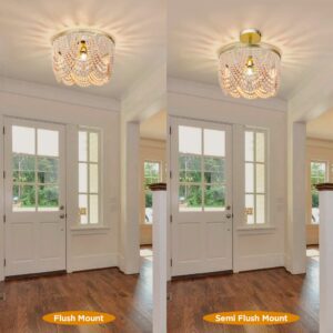 3-Light Boho Wood Beaded Chandelier Light Fixture, Gold and Oak Finish Semi Flush Mount Ceiling Light for Nursery Room, Girl Room, Kids Room, Bedroom, Hallway, Entryway, Passway