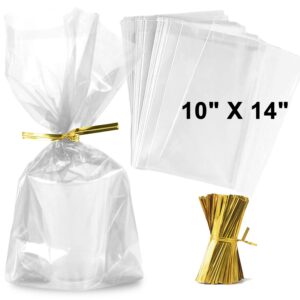 Zcintert Clear Cello 𝗖𝗲𝗹𝗹𝗼𝗽𝗵𝗮𝗻𝗲 𝗧𝗿𝗲𝗮𝘁 𝗕𝗮𝗴𝘀, 100 Pcs - 10" x 14"(2mils), Plastic Gift Bags for Candy, Party Favor, Cookies, Candies Packaging, with 4” Twist Ties