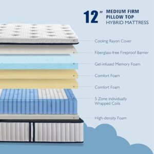 Zeelovtress Queen Mattress, 12 Inch Cooling Gel Memory Foam Mattress with 5-Zone Pocket Coils, Hybrid Mattress Queen in a Box, Medium Firm Mattress