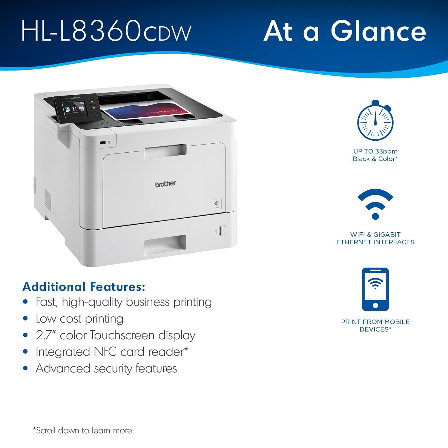 Brother HL-L8360CDW Business Color Laser Printer, Wireless Printing, White, 2.7" Color Touchscreen LCD, Speed Up to 33ppm, Cloud Printing, Auto 2-Sided Printing, NFC Connectivity, Ethernet