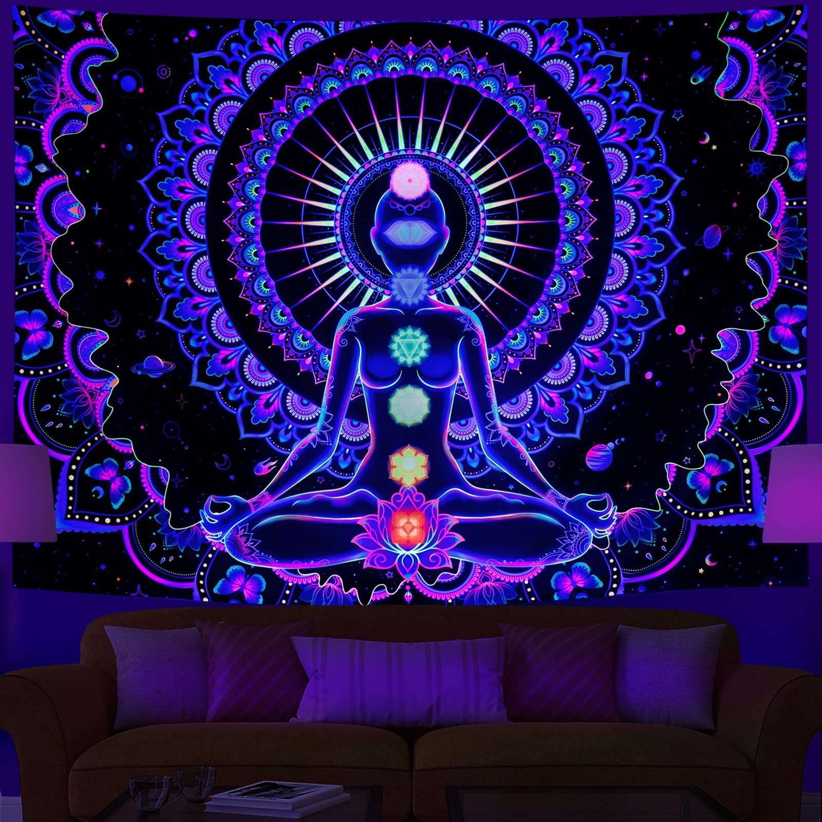 Heopapin Blacklight Tapestry Seven Chakra Tapestry UV Reactive Yoga Meditation Mandala Wall Tapestry Trippy Galaxy Space Tapestry for Wall Hanging Tapestry for Bedroom Home Decor W78×H59